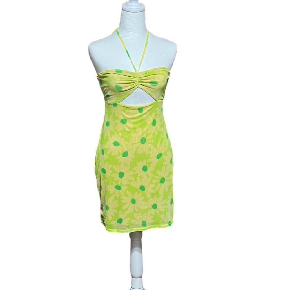 Revolve AFRM Lime Green Floral Mesh Mini Dress‎ Halter Cutout Ruched Small